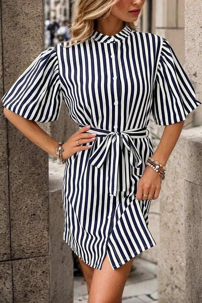 swvws Striped Button Up Tie Waist Mini Dress