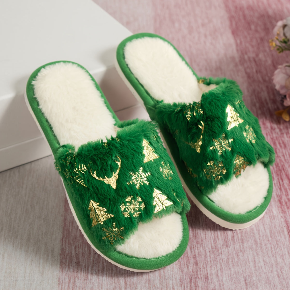 Christmas Tree Plush Flat Slippers, Open Toe Soft Sole Fuzzy Home Shoes, Cozy & Warm Floor Slippers