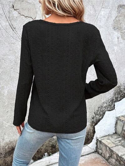 swvws Openwork Half Button Long Sleeve Blouse