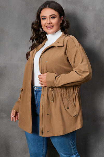 swvws Plus Size Zipper and Snap Down Drawstring Jacket