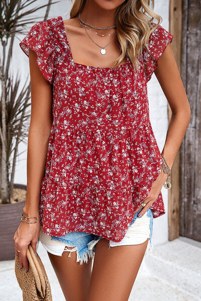 swvws Printed Square Neck Cap Sleeve Blouse