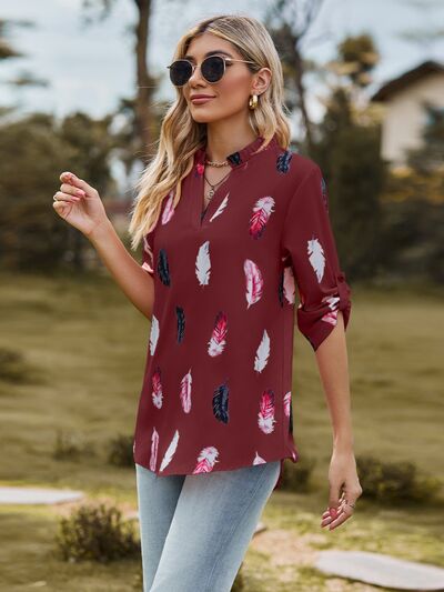 swvws Printed Frill Notched Roll-Tab Sleeve Blouse