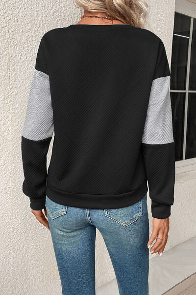 swvws Textured Color Block Round Neck Sweatshirt