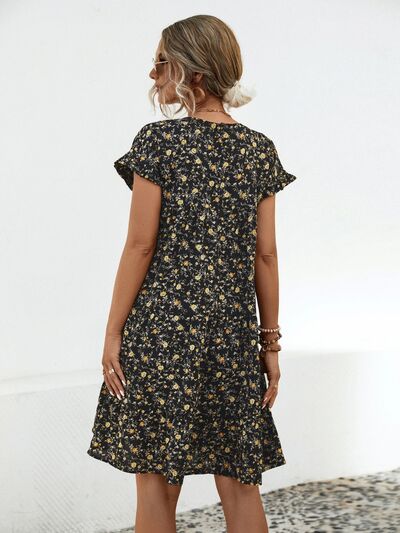 swvws Frill Floral Round Neck Short Sleeve Tiered Dress