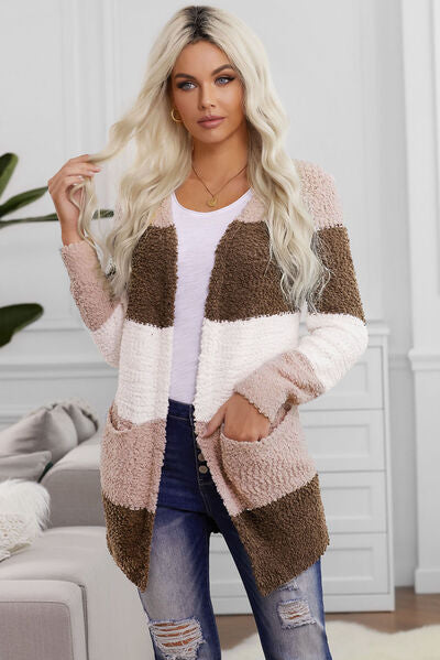 swvws Color Block Open Front Pocketed Cardigan