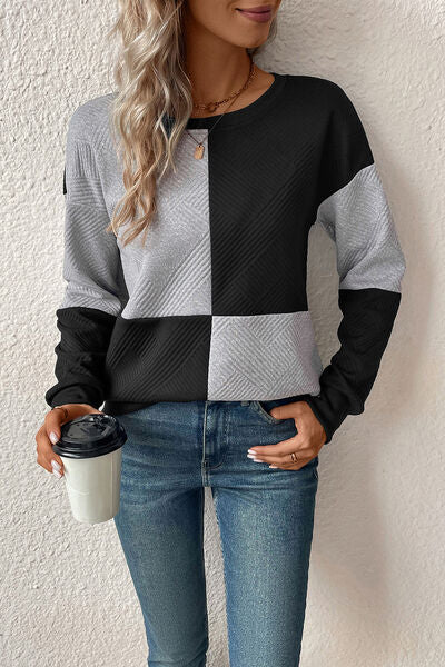 swvws Textured Color Block Round Neck Sweatshirt