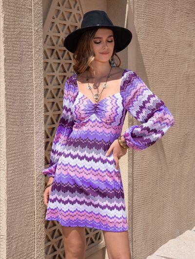 swvws Printed Sweetheart Neck Balloon Sleeve Dress