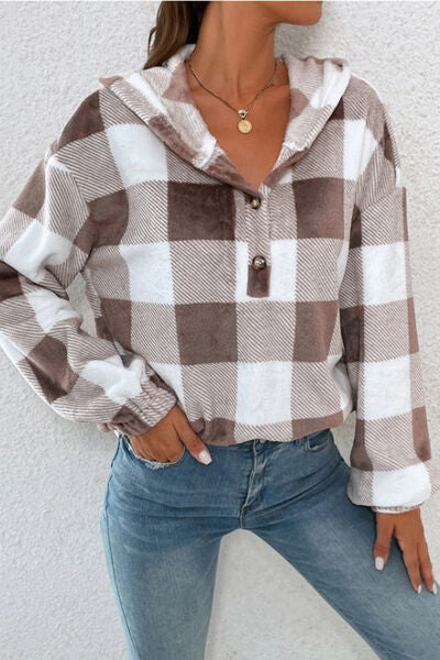 swvws Plaid Quarter Button Dropped Shoulder Hoodie