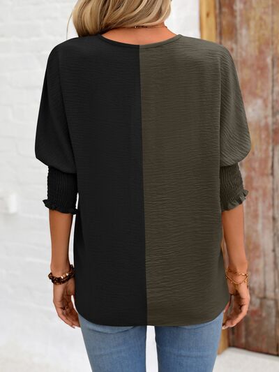 swvws Contrast V-Neck Lantern Sleeve Blouse