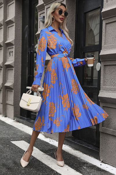 swvws Floral Pleated Surplice Long Sleeve Midi Dress