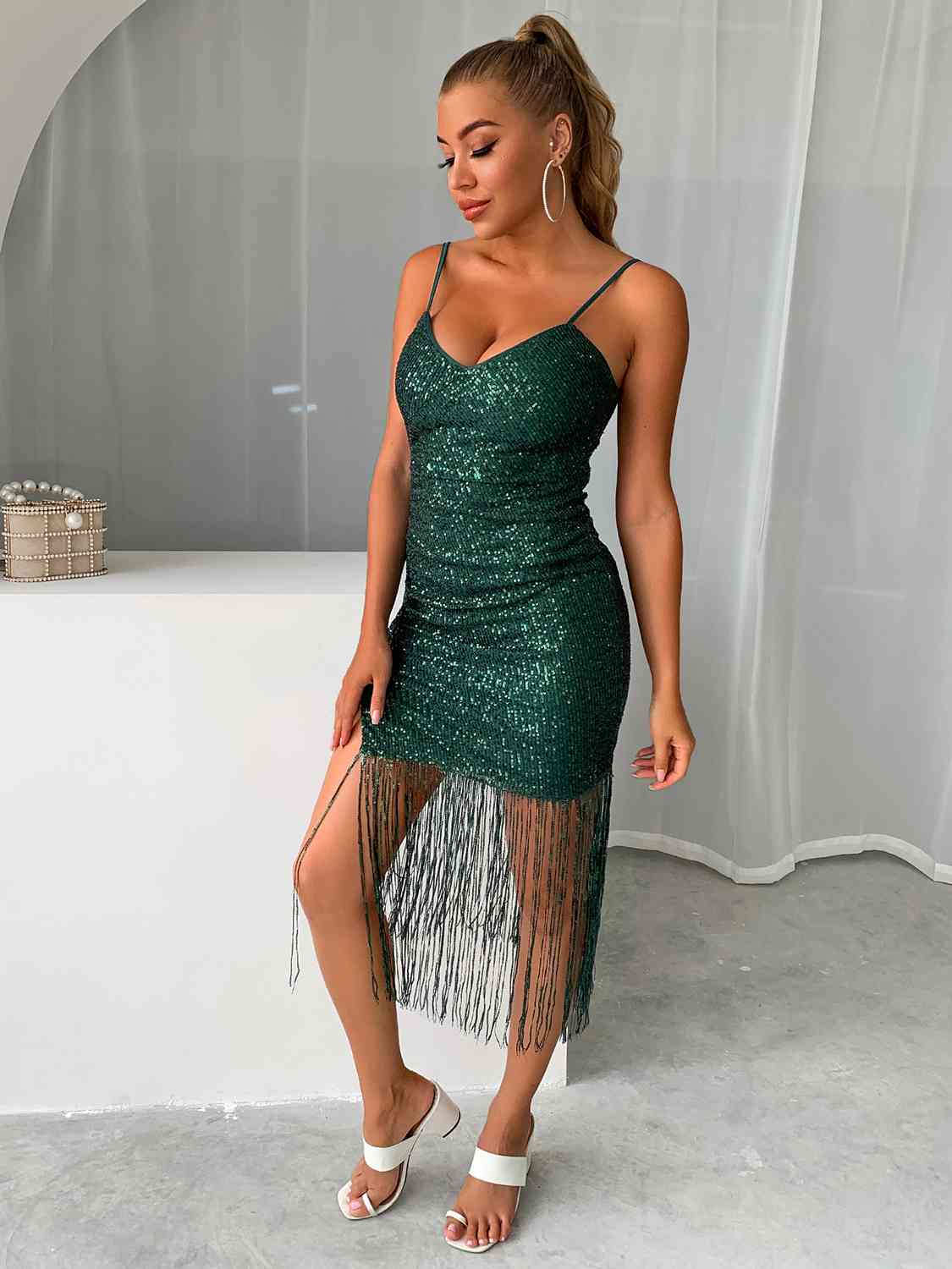 swvws Sequin Fringe Spaghetti Strap Dress