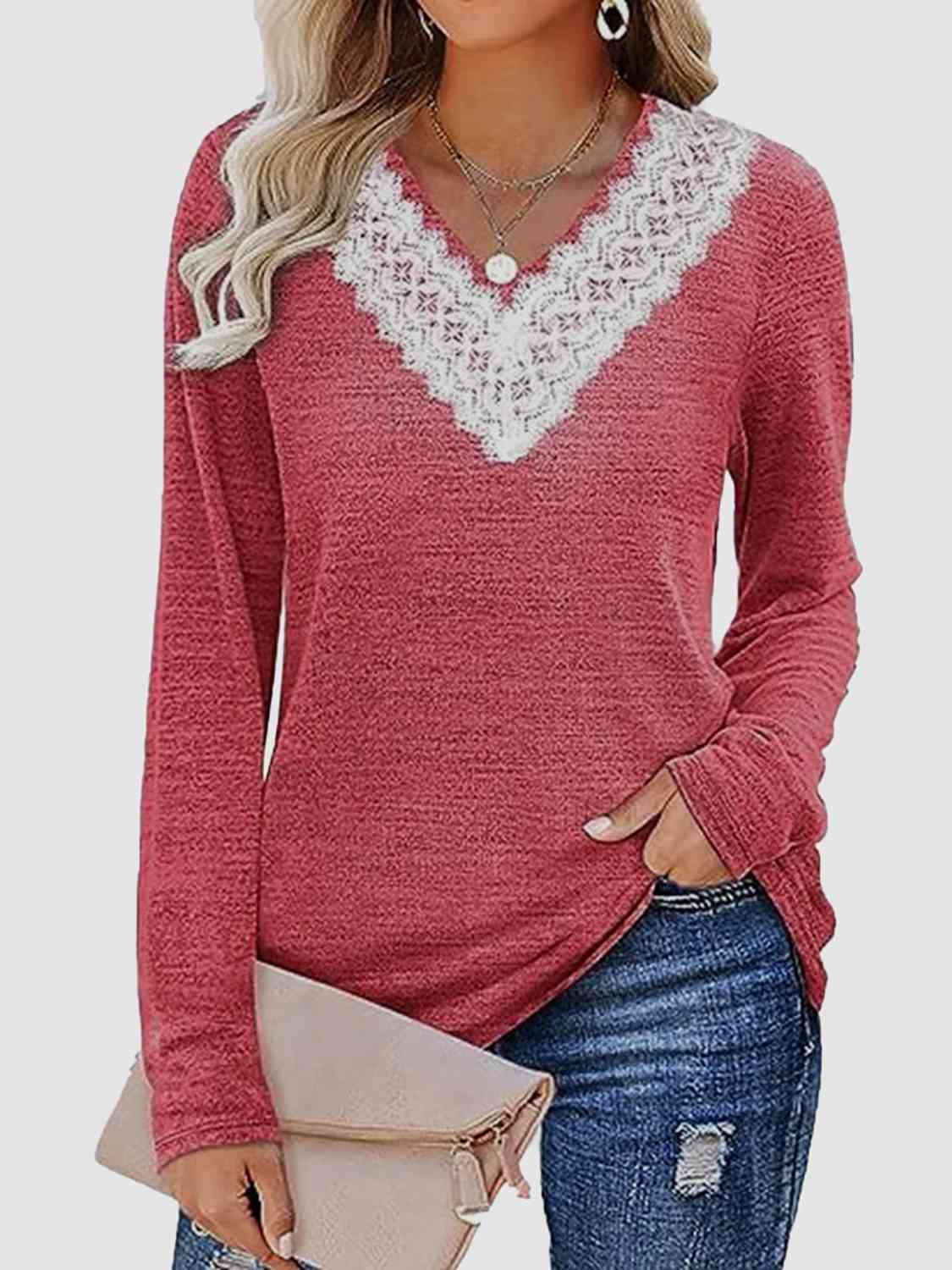 swvws Lace Detail V-Neck Long Sleeve Top