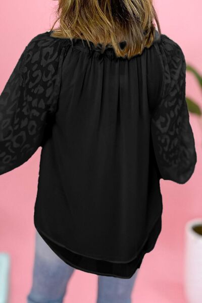 swvws Leopard Tie Neck Balloon Sleeve Blouse