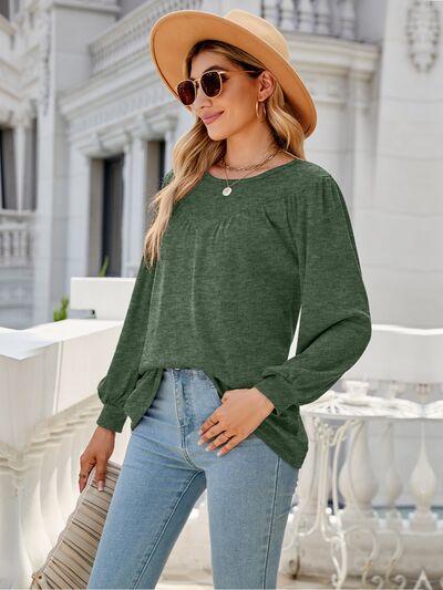 swvws Heathered Round Neck Lantern Sleeve Blouse