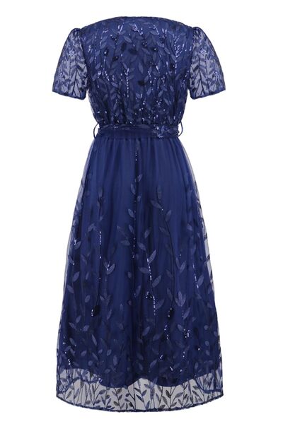 swvws Sequin Leaf Embroidery Tie Front Short Sleeve Dress