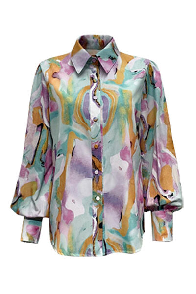 swvws Printed Button Up Lantern Sleeve Shirt