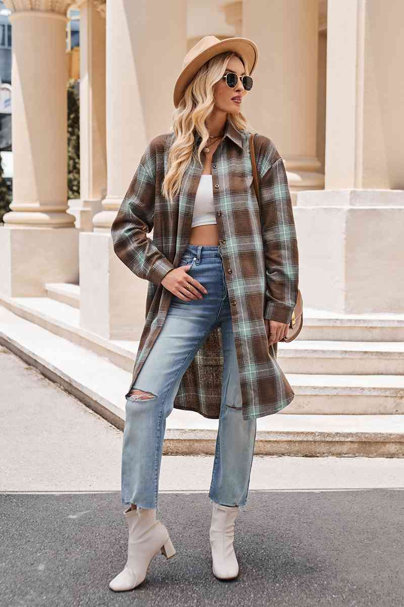 swvws Plaid Collared Neck Long Sleeve Coat