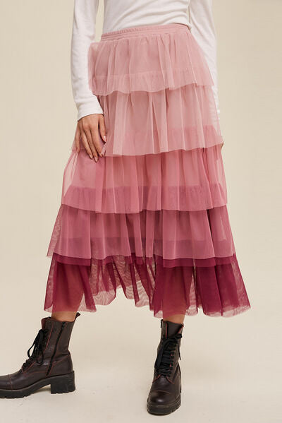 swvws Elastic Waist Layered Tulle Midi Skirt