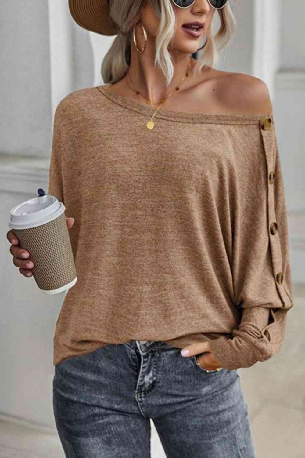 swvws Boat Neck Buttoned Long Sleeve T-Shirt