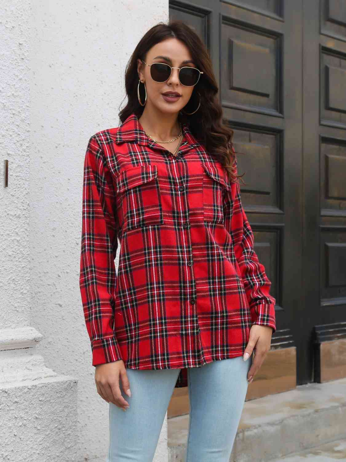 swvws Plaid Collared Neck Buttoned Shirt with Pockets