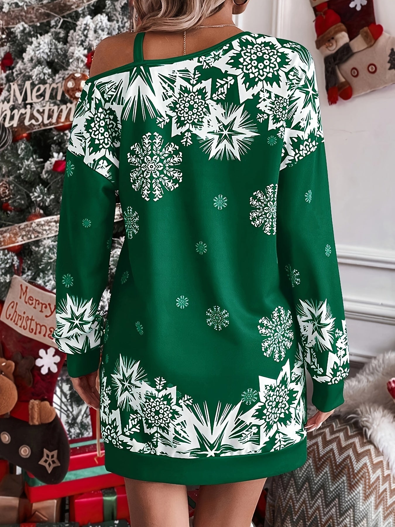 Festive Off-the-Shoulder Snowflake Dress - Women's Casual Polyester Knit One-Shoulder Sleeve Dress for Spring/Fall, Holiday Party, Festive Occasions - Easy to Wear, Comfortable, Relaxed Fit