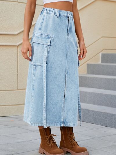 swvws Slit Pocketed High Waist Denim Skirt