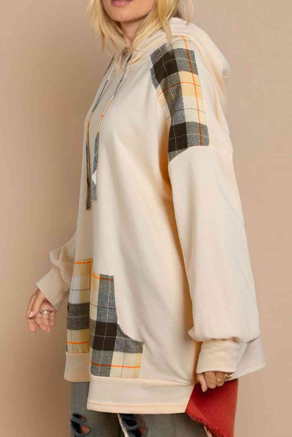 swvws Plaid Drawstring Drop Shoulder Hoodie with Pocket