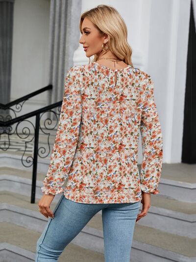 swvws Printed Round Neck Flounce Sleeve Blouse