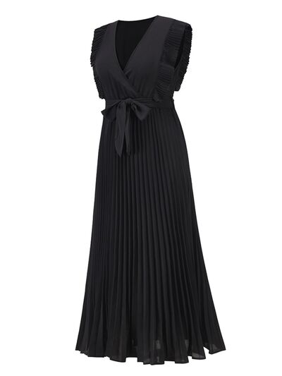 swvws Tied Surplice Cap Sleeve Pleated Dress