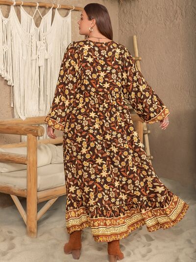 swvws Plus Size Printed V-Neck Balloon Sleeve Dress