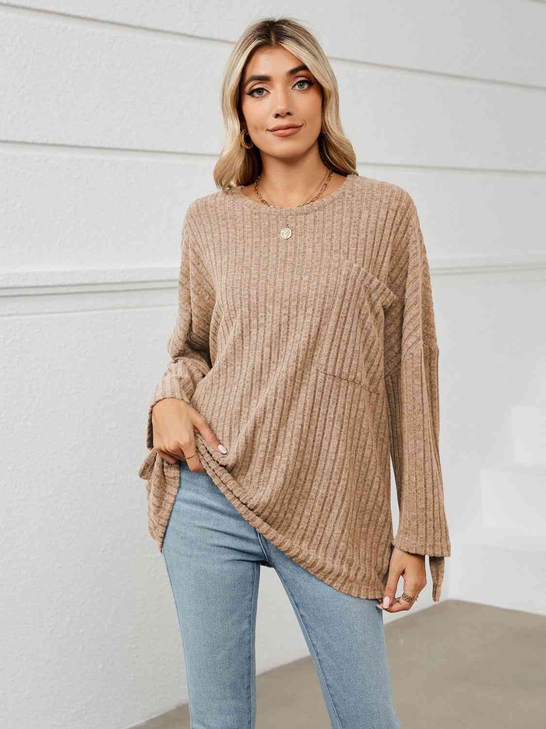 swvws Round Neck Ribbed Long Sleeve T-Shirt