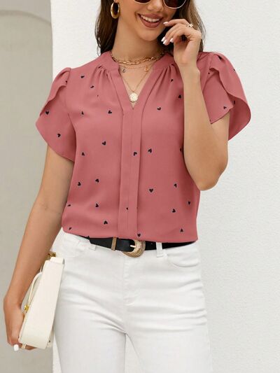 swvws Heart Print Notched Petal Sleeve Blouse