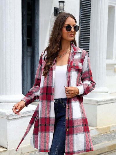 swvws Plaid Belted Collared Neck Button Up Jacket