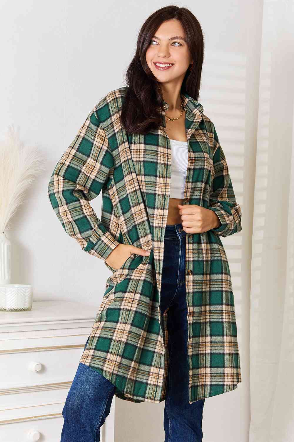 swvws Double Take Plaid Collared Neck Long Sleeve Shirt