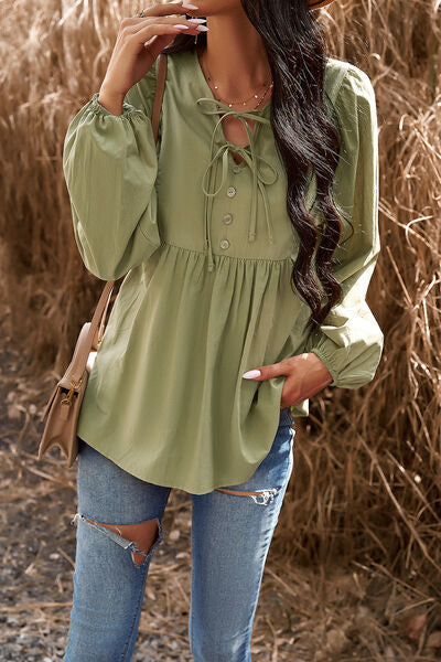 swvws Tied Decorative Button Balloon Sleeve Blouse