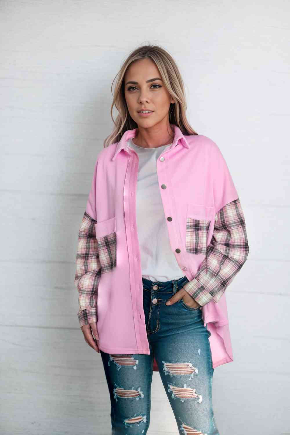 swvws Dropped Shoulder Plaid Print Collared Neck Shirt