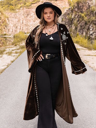 swvws Plus Size Embroidery Open Front Long Sleeve Cardigan