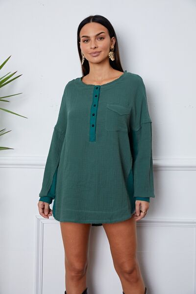 swvws Half Button Up Round Neck Blouse