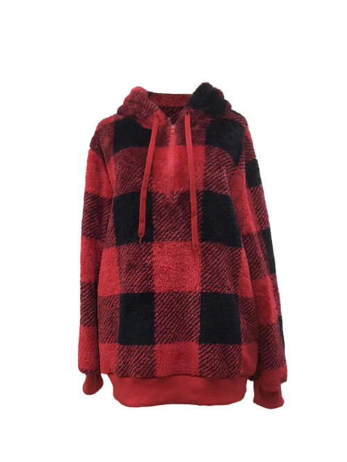 swvws Plaid Half Zip Drawstring Hoodie