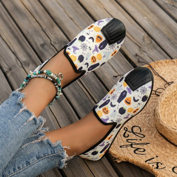 swvws - Halloween Cream White Casual Patchwork Printing Round Comfortable Flats Shoes