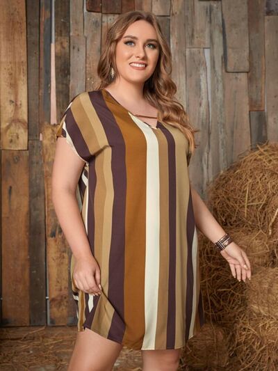 swvws Plus Size Striped Short Sleeve Mini Dress