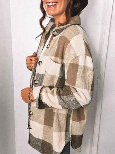 swvws Plaid Pocketed Dropped Shoulder Button Up Jacket