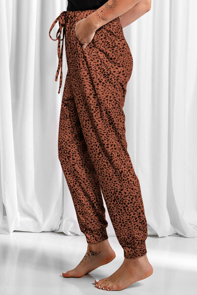 swvws Full Size Leopard Drawstring Pocketed Pants