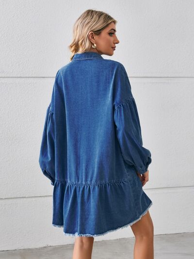 swvws Button Up Pocketed Raw Hem Denim Dress