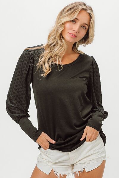 swvws BiBi Round Neck Polka Dot Lantern Sleeve Top