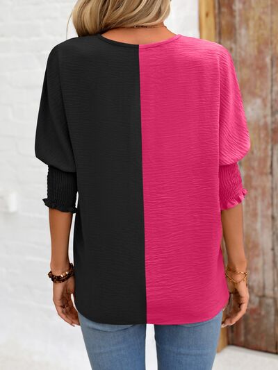 swvws Contrast V-Neck Lantern Sleeve Blouse