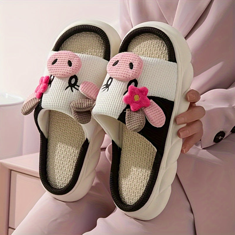 Cute Cartoon Cow Design Slippers, Casual Open Toe Linen Sole Shoes, Comfortable Indoor Home Slippers for fall