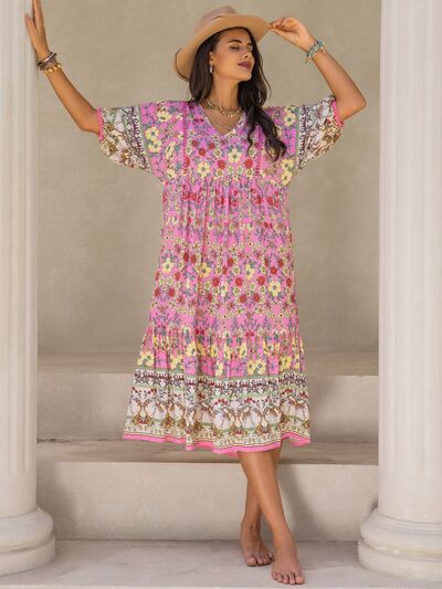 swvws Printed V-Neck Balloon Sleeve Midi Dress