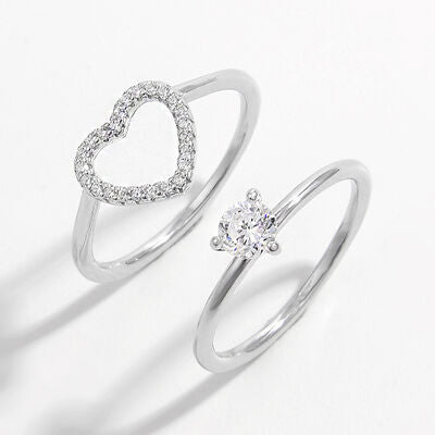 swvws 2 Piece Heart Shape Zircon 925 Sterling Silver Ring