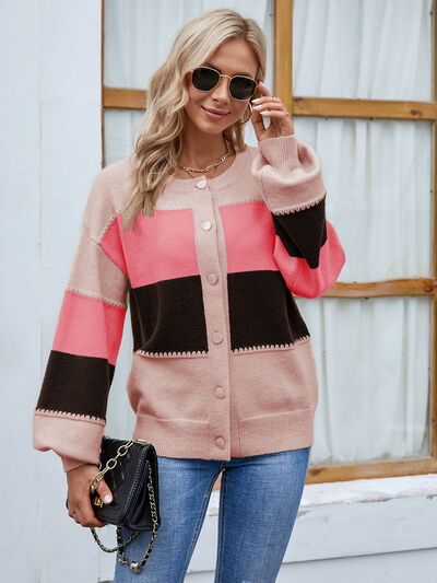 swvws Color Block Button Up Lantern Sleeve Cardigan